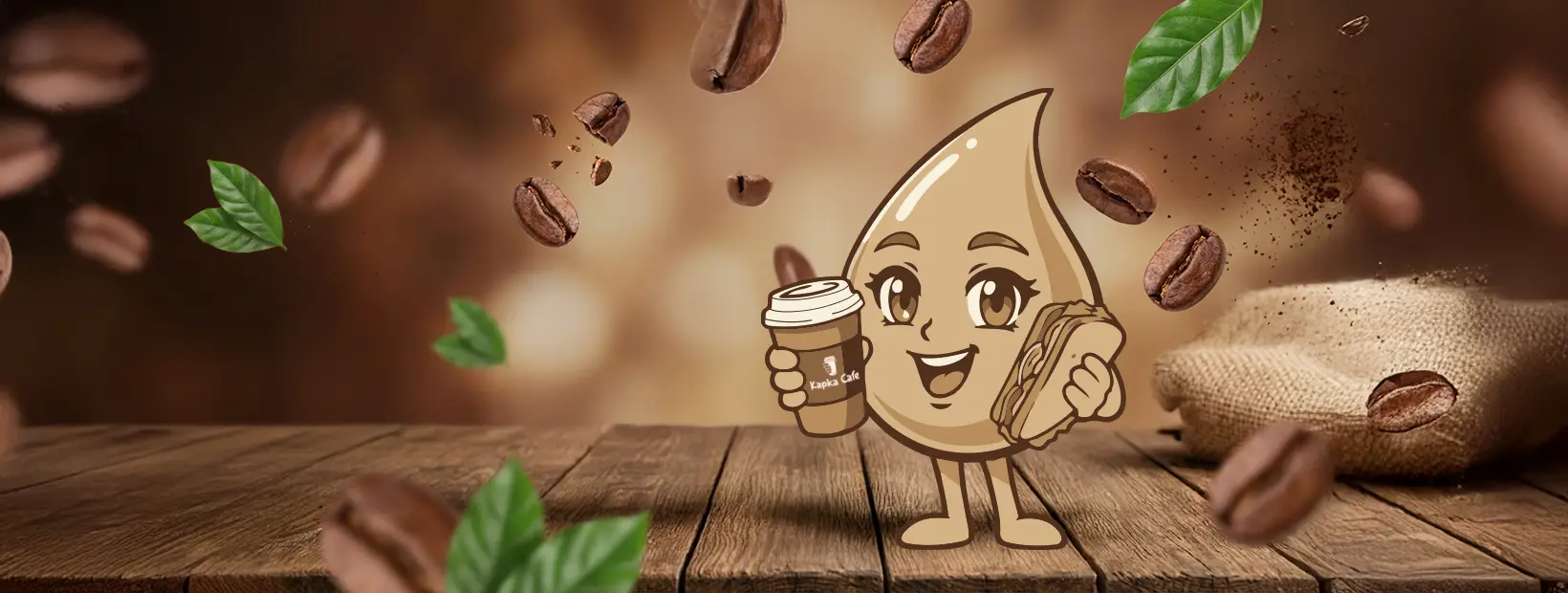 Maskotka Kapka Cafe, kropla kawy z kubkiem na wynos i kanapką, na tle palonych ziaren